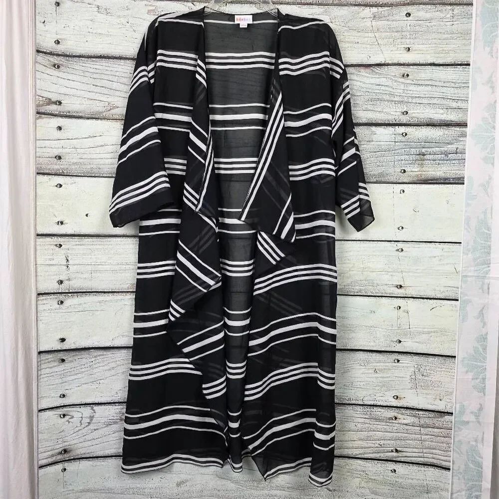 LuLaRoe Black White Stripe Duster Cardigan Womens M